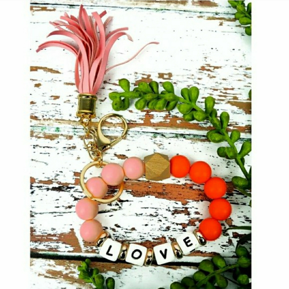 LOVE Beaded Tassel Keychain Bracelet - Pink & Orange - NWT!